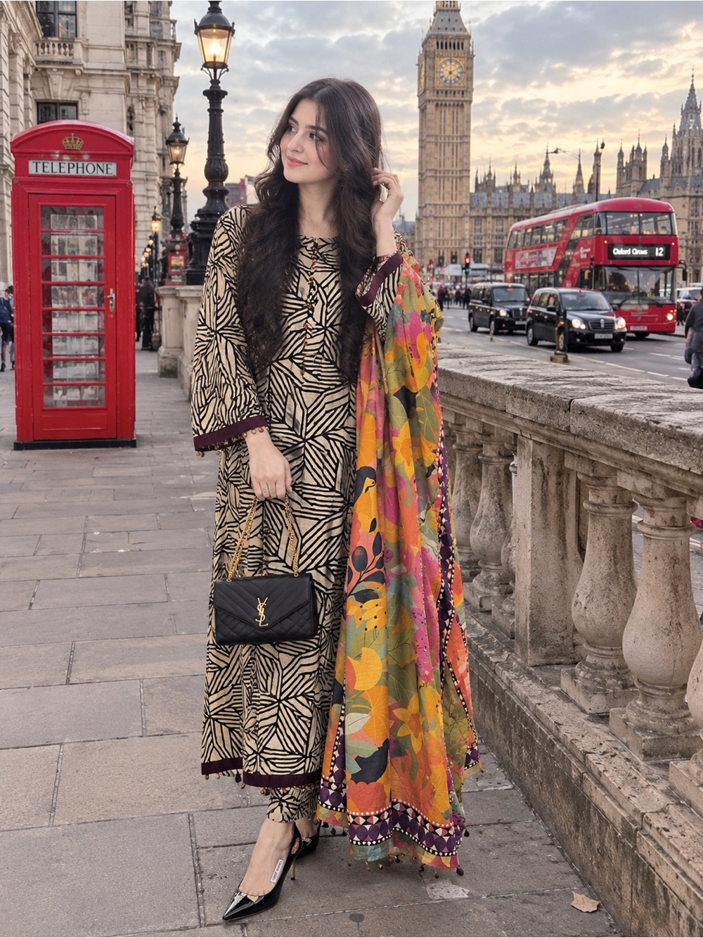 EGO Beige & Black Printed Long Sleeve Dress with Multicolor Scarf